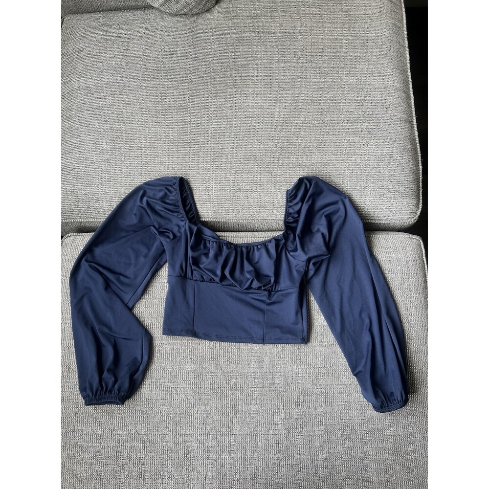 Live In The Moment Long Sleeve Blue Crop Top Scoop Neck Satin Stretch Balloon M
